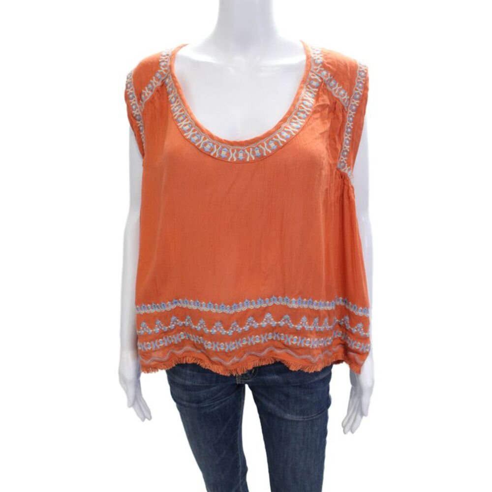 Piper Womens Bohemian Orange Cotton Sleeveless Tunic Blouse Round Neck Size S